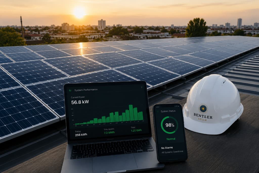 Tom ustida quyosh stansiyasi monitoringi — noutbuk va telefonda tizim ko‘rsatkichlari, Bentler Solar kaska
